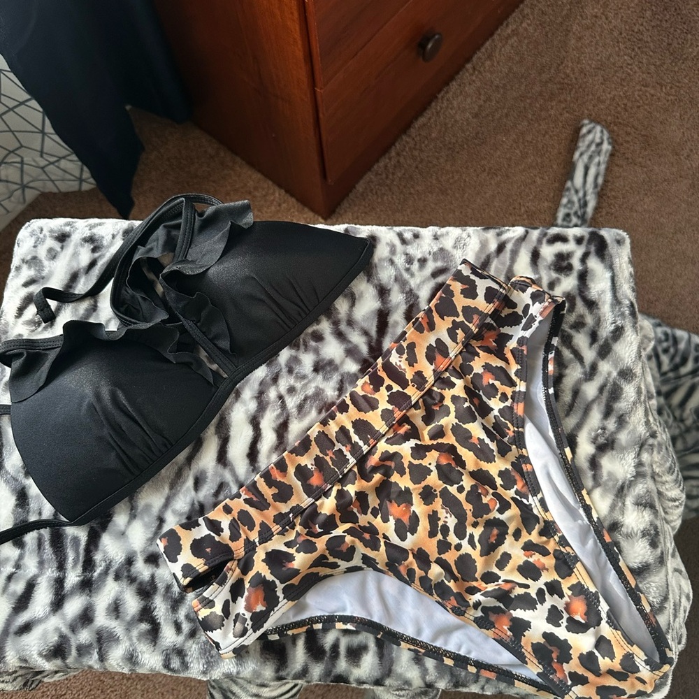 Black Ruffle Bikini Top and Leopard Print Bottoms